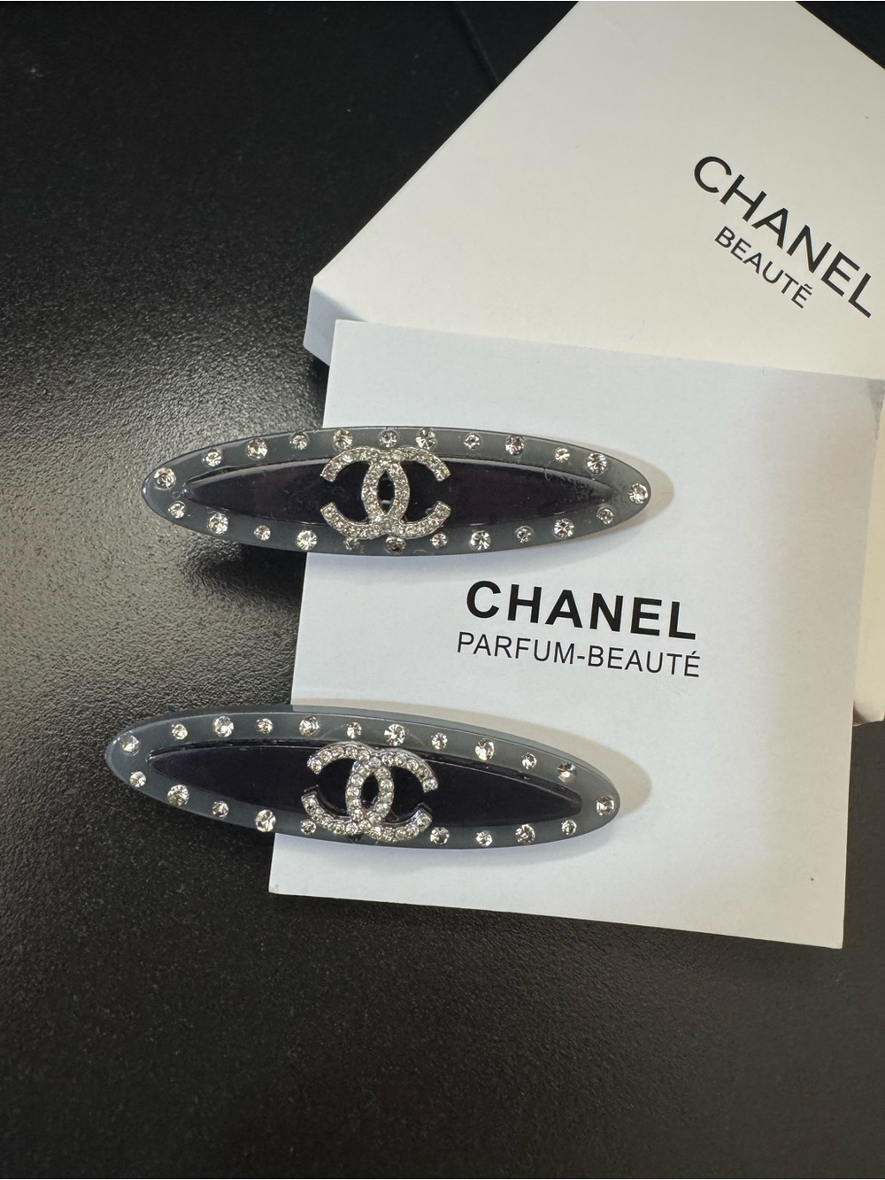 Chanel Black Crystal-Embellished Logo Hair Clips - Pair (set of 2)